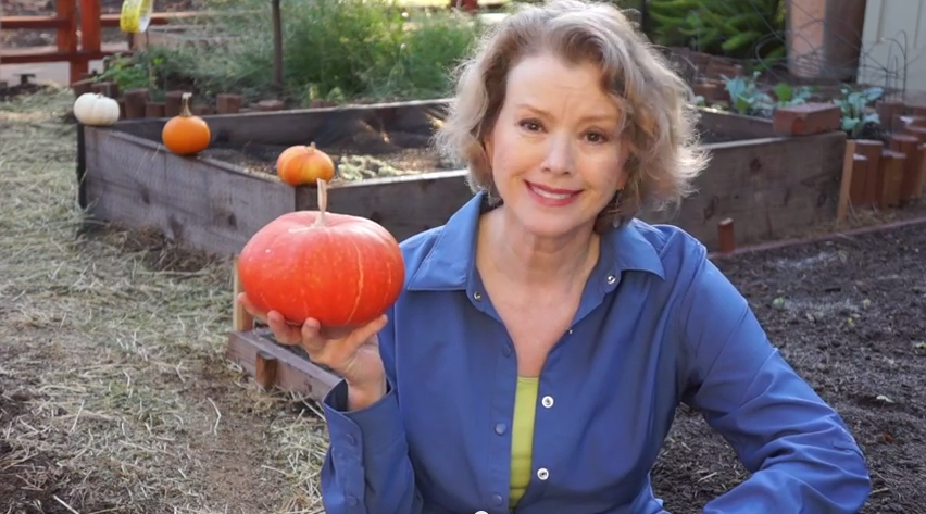 Kaye in 2014 with her only homegrown pumpkin and a barren garden